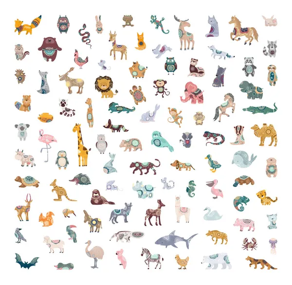 Colección Vectorial Animales Lindos Con Patrones Abstractos Personajes Dibujos Animados — Archivo Imágenes Vectoriales