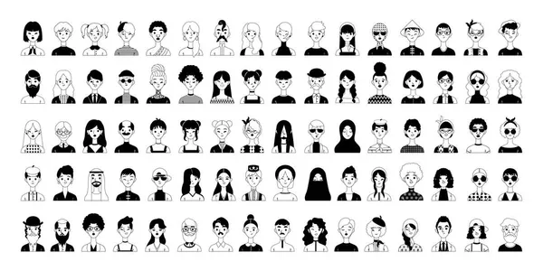Grote Verzameling Avatars Grappige Serieuze Personages Tekenfilmstijl Zwart Wit Afbeeldingen — Stockvector