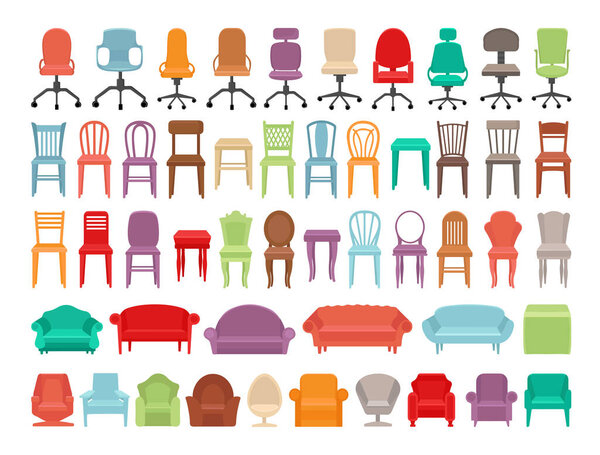 Collection of colorful chairs, armchairs and sofas. Vector objects for interior creation.