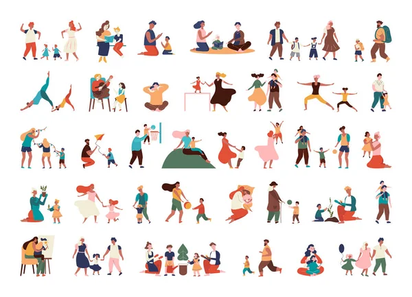 Verzameling Van Familiale Illustraties Ouders Met Kinderen Die Samen Vrije — Stockvector