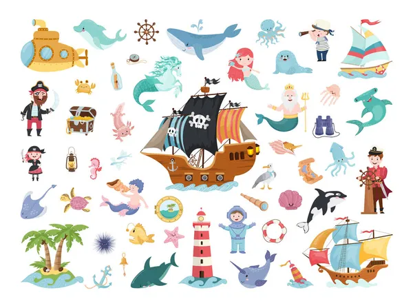 Ensemble Personnages Pour Enfants Mignons Liés Mer Aventure Vie Marine — Image vectorielle