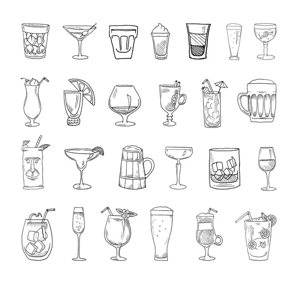 Collection Cocktails Sketch Style Hand Drawings Art Ink Style Black — Stock Vector