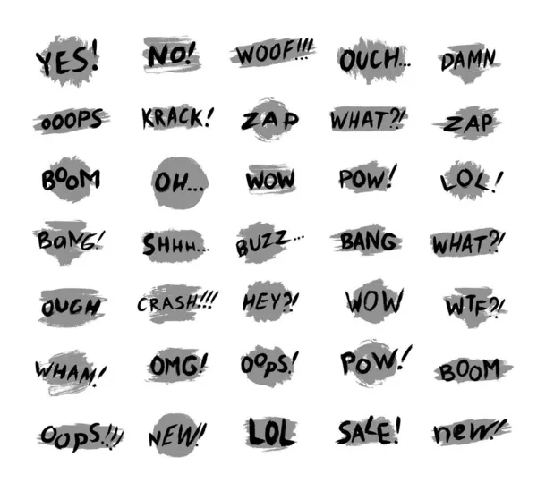 stock vector Vector collection of speech bubbles, words with backdrops, and lettering templates. Yes, no, new, sale, woof, what, boom, wow, bang, ouch, omg, pow, zap, lol, oops, crash, and many different words.