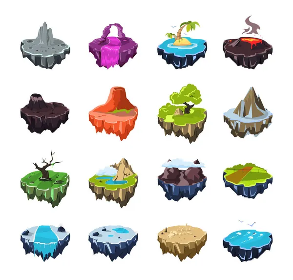 Fantasía Islas Coloridas Conjunto Juego Tierras Estilo Dibujos Animados — Vector de stock