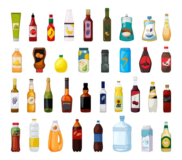 Colección Botellas Para Bebidas Salsas Estilo Detallado — Archivo Imágenes Vectoriales