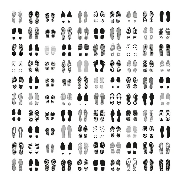 Monocromo Vector Conjunto Huellas Calzado Varias Pistas Suela Negra — Archivo Imágenes Vectoriales
