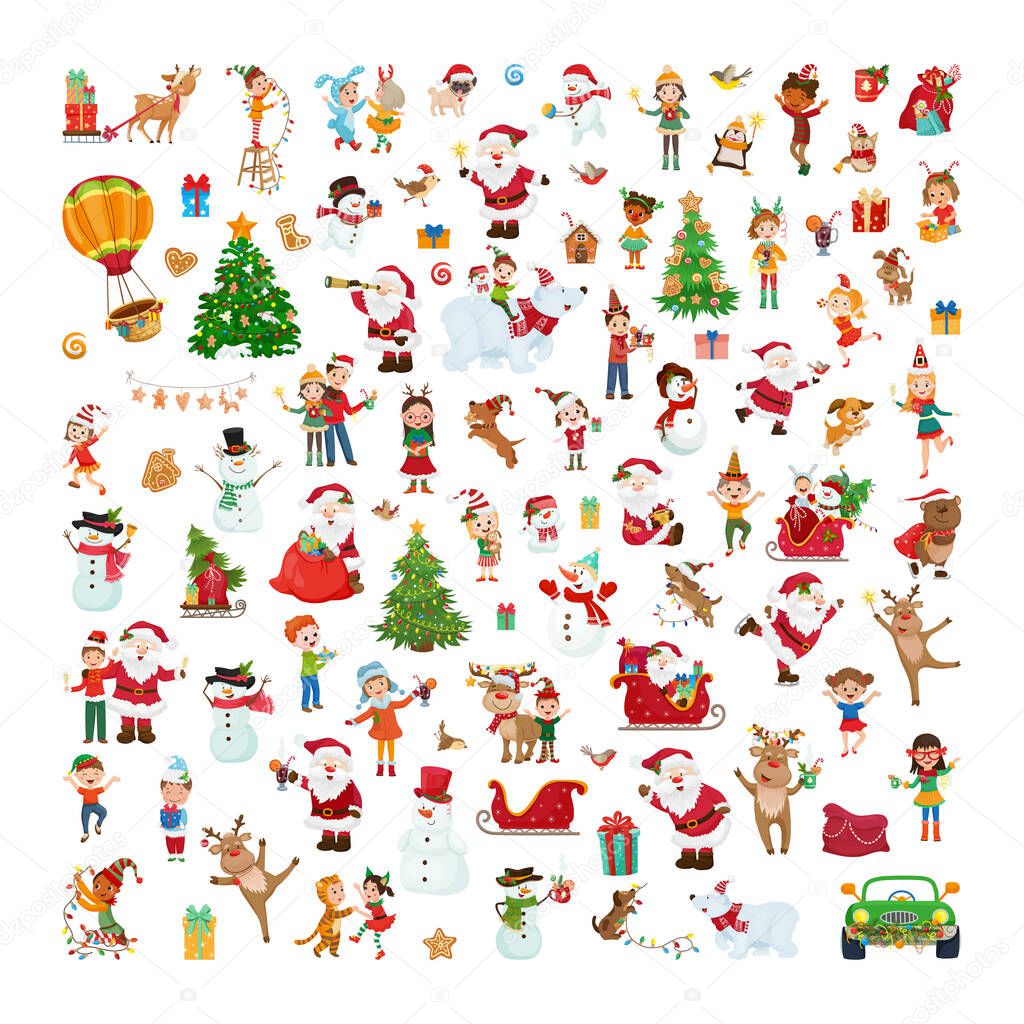 Collection of Christmas illustrations in cartoon style. Characters and New Year's elements for cards, stickers, web designs.