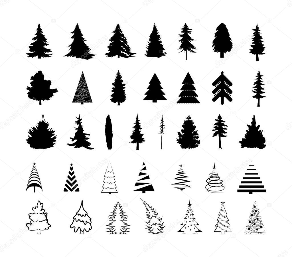 Set of black christmas trees. Vector objects for creating patterns, wallpapers, and decorations.