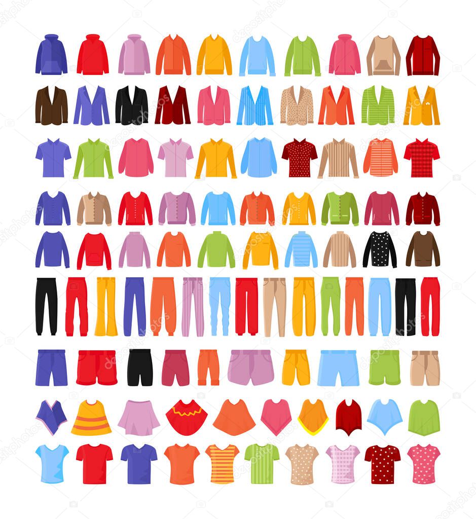 Collection of colorful menswear in flat style.