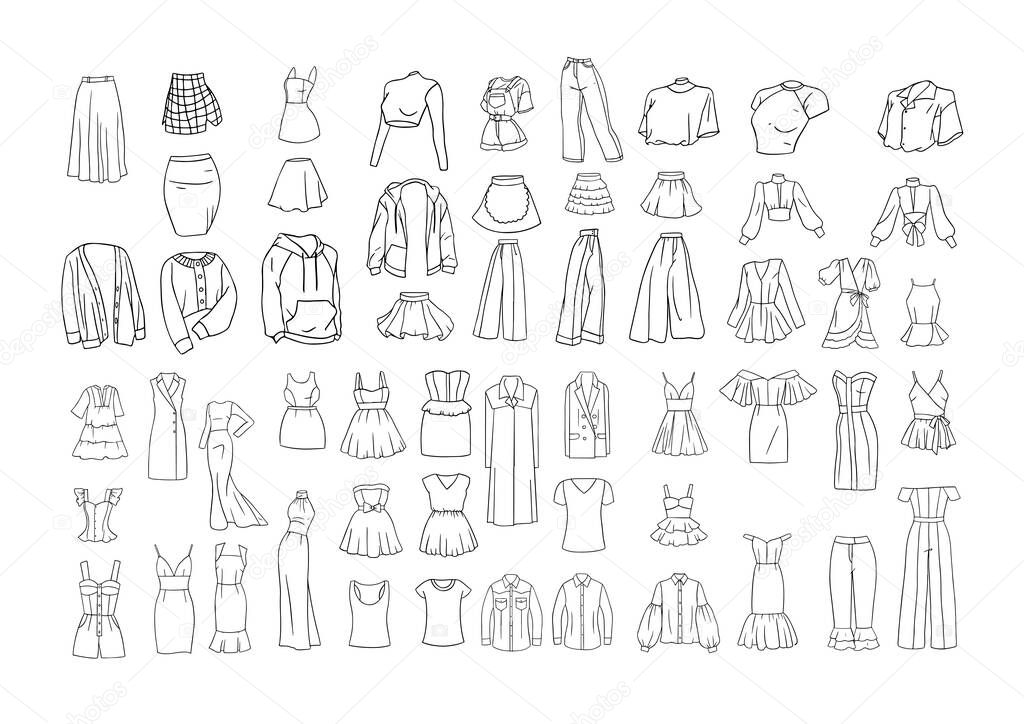 Collection of sketches of women's clothing. Illustrations of outerwear in a linear style.