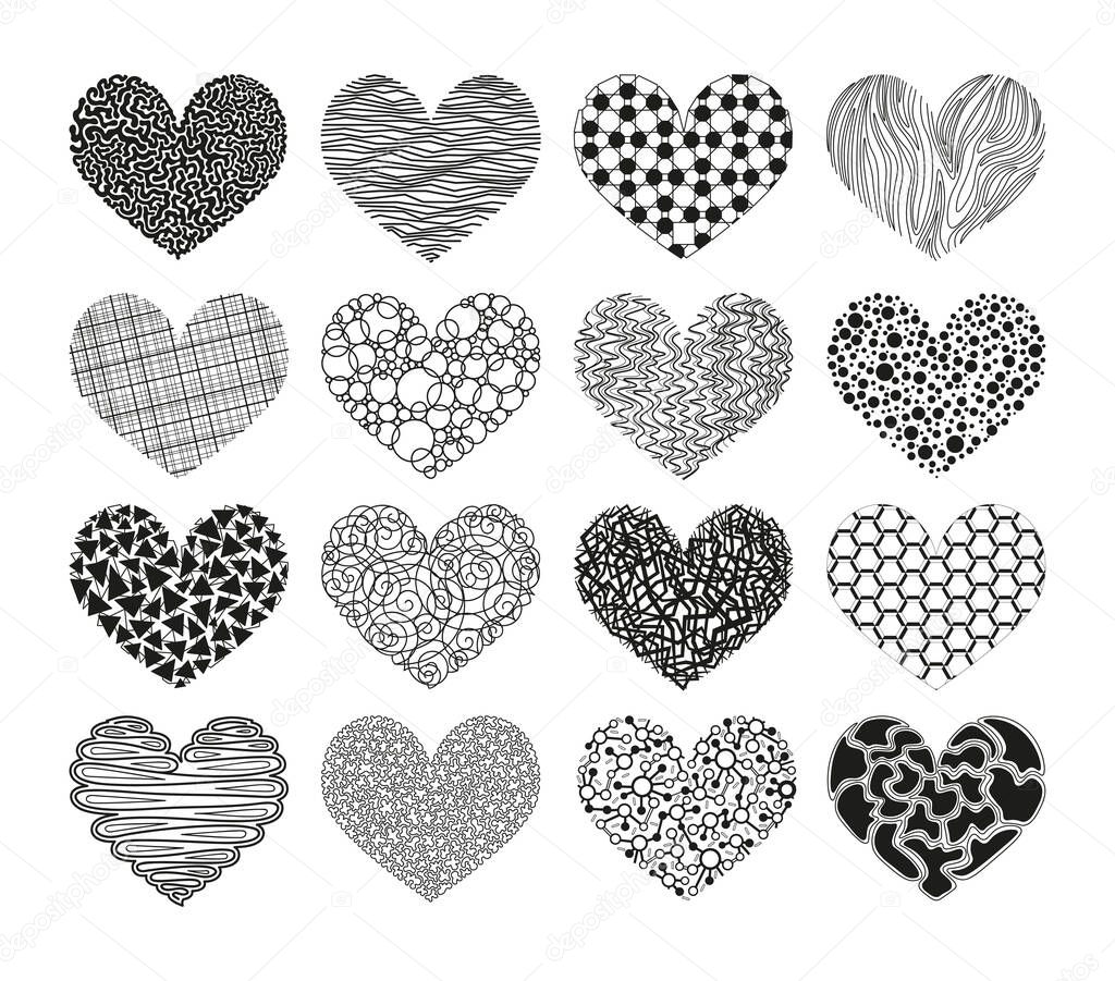 Collection of monochrome illustrations of abstract hearts in sketch style. Hand drawings in art ink style. Black and white graphics.