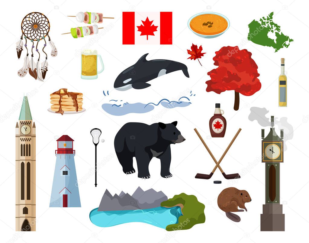 Vector objects associated with Canada. Illustrations of Canada landmarks in modern flat style.