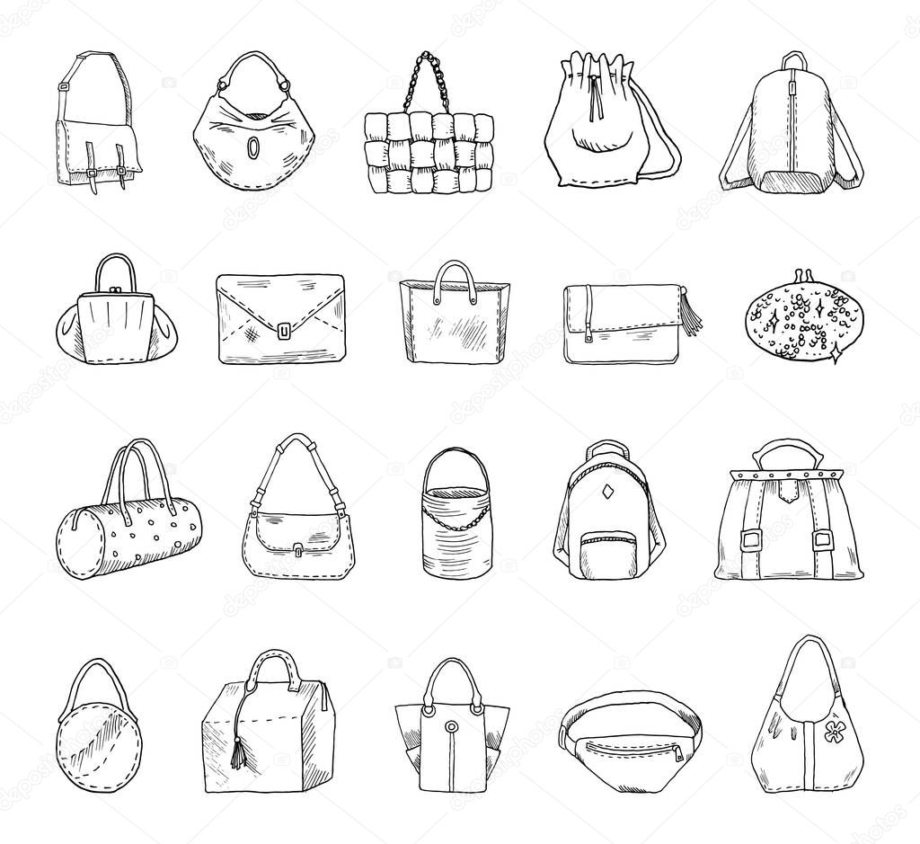 Collection of monochrome illustrations of bags in sketch style. Hand drawings in art ink style. Black and white graphics.