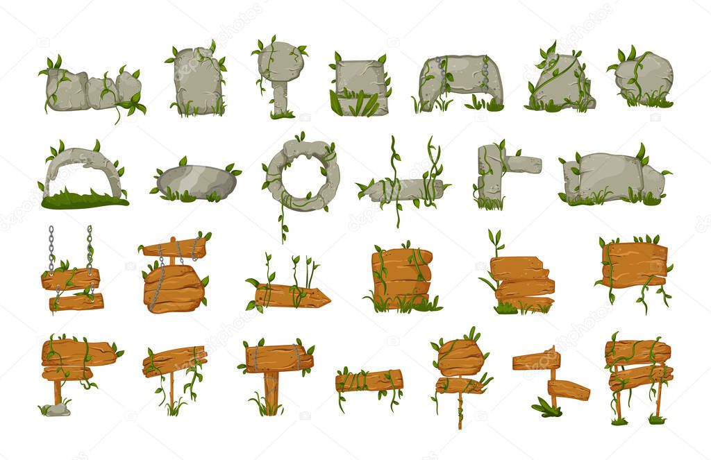 Stone and wooden signs and banners in the green thickets. Illustrations for the game interface.