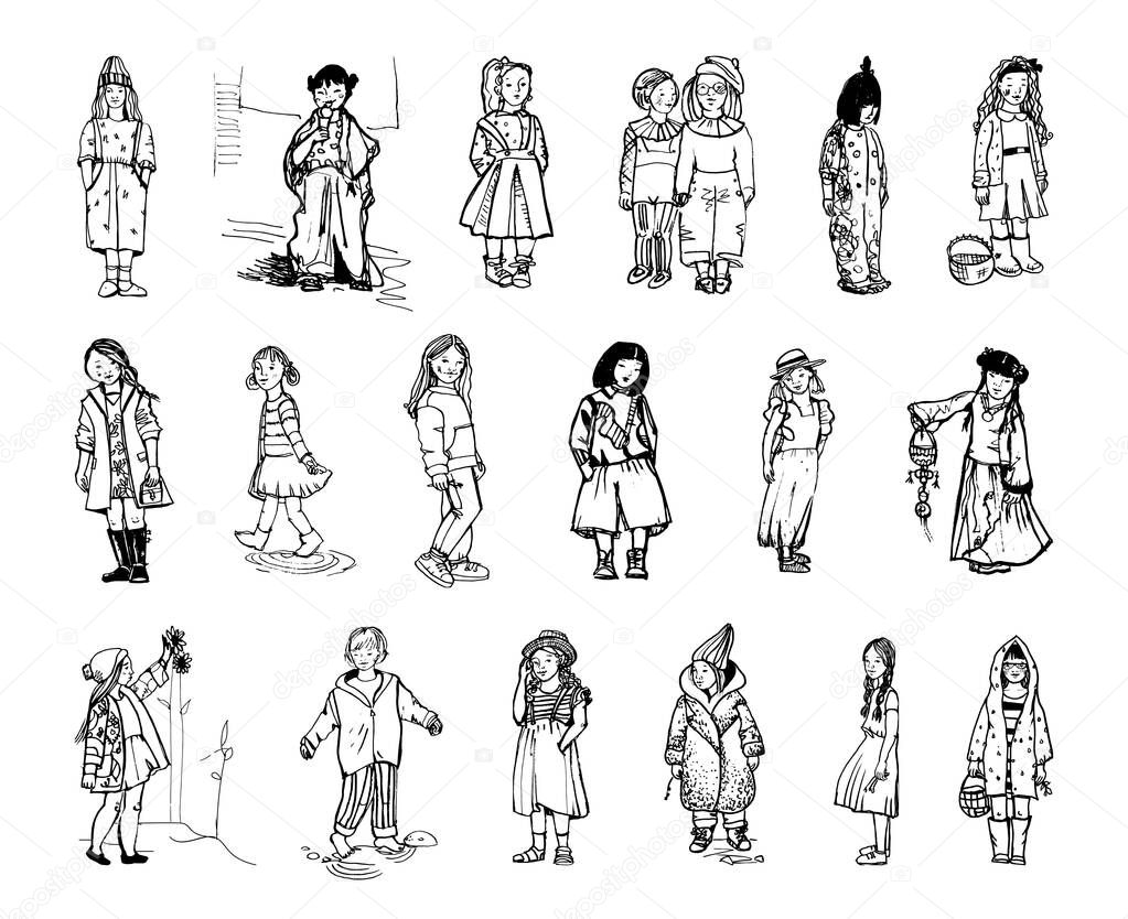 Collection of monochrome illustrations of children in sketch style. Hand drawings in art ink style. Black and white graphics.