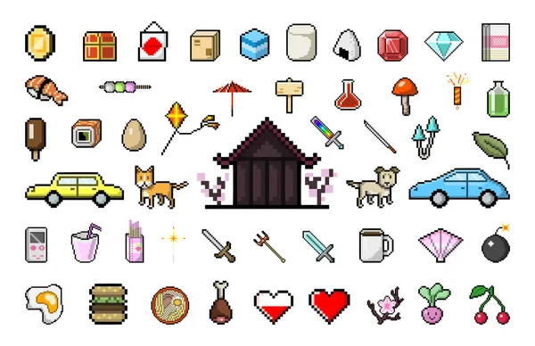 Sammlung Japanischer Verpixelter Symbole Zur Erstellung Von Spielen — Stockvektor
