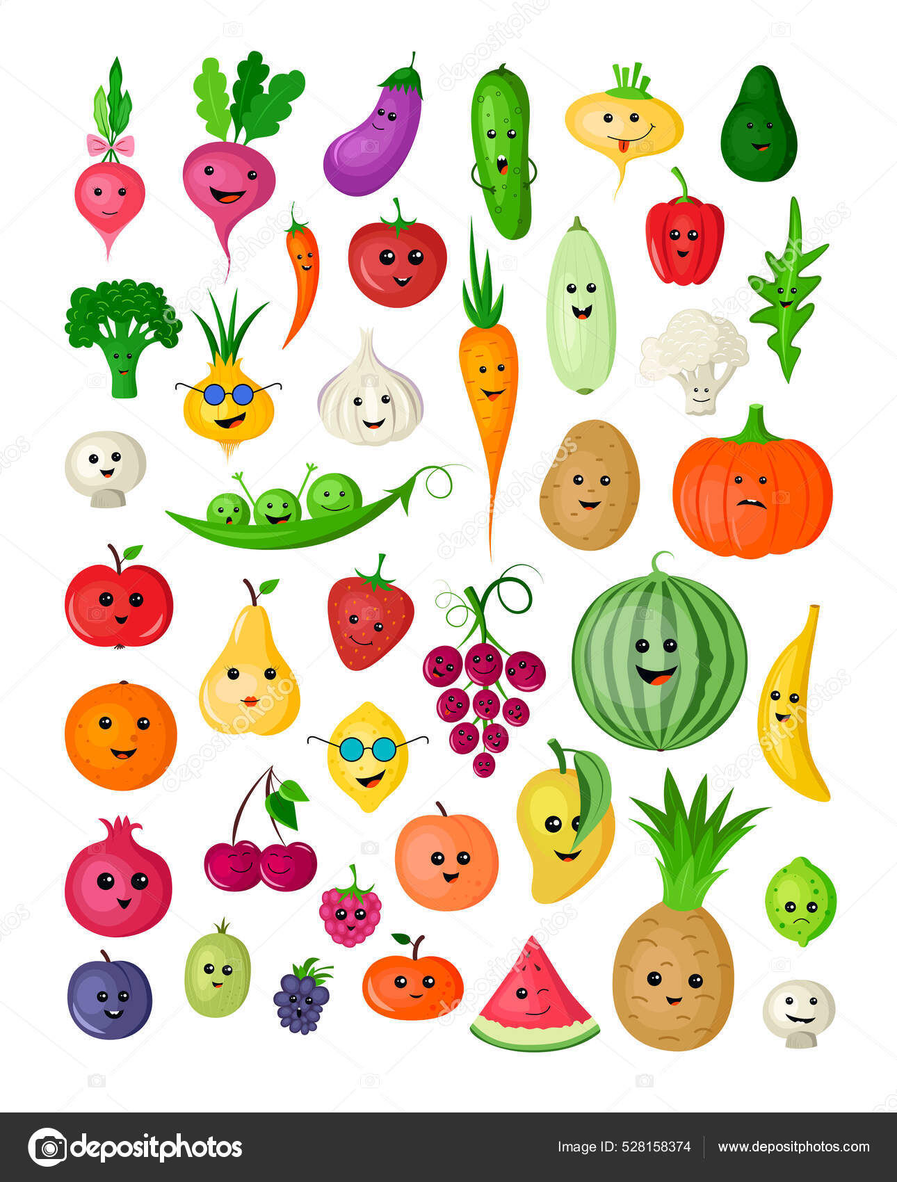 Desenhos animados frutas e legumes personagens imagem vetorial de