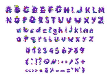 Harflerin, sayıların ve noktalama işaretlerinin çiçek ve kuşların vektör koleksiyonu. Orijinal bahar alfabesi. 