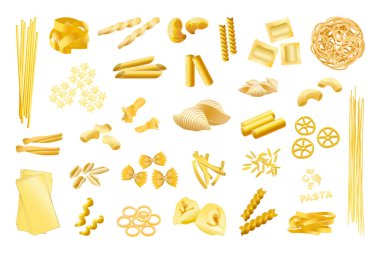 Gerçekçi makarna koleksiyonu. Makarna türleri, karbonhidrat gıdaları..