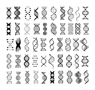 Monokrom DNA ikonları koleksiyonu. Siyah ve beyaz DNA doğrusal bir şekilde sarmal yapar.