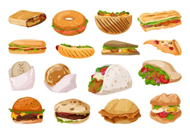 Farklı ülkelerden, ayrıntılı bir şekilde fast food koleksiyonu.