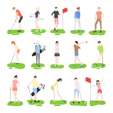 Golf oynayan karakterlerin olduğu vektör illüstrasyonları koleksiyonu.