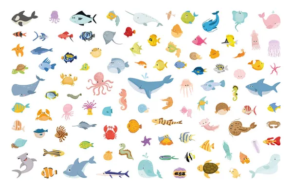 Векторна Колекція Милих Мультиплікаційних Морських Тварин Персонажі Дитячих Книг Карт — стоковий вектор