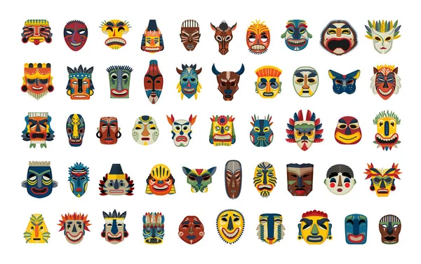Colección Máscaras Detalladas Diferentes Nacionalidades Máscaras Rituales Carnaval — Archivo Imágenes Vectoriales