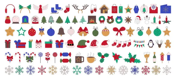 Farbige Sticker Symbole Für Weihnachten Und Neujahr Mit Schwarzem Umriss — Stockvektor