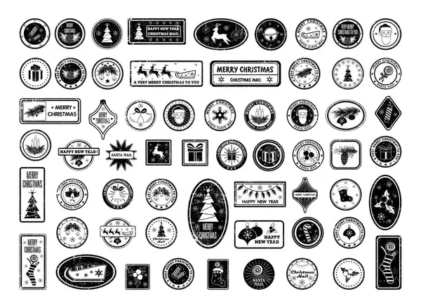 Colección Logos Navidad Año Nuevo Estilo Retro Blanco Negro — Archivo Imágenes Vectoriales