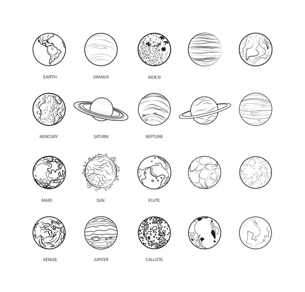 Coleção Planetas Lineares Ícones Estilo Esboço — Vetor de Stock