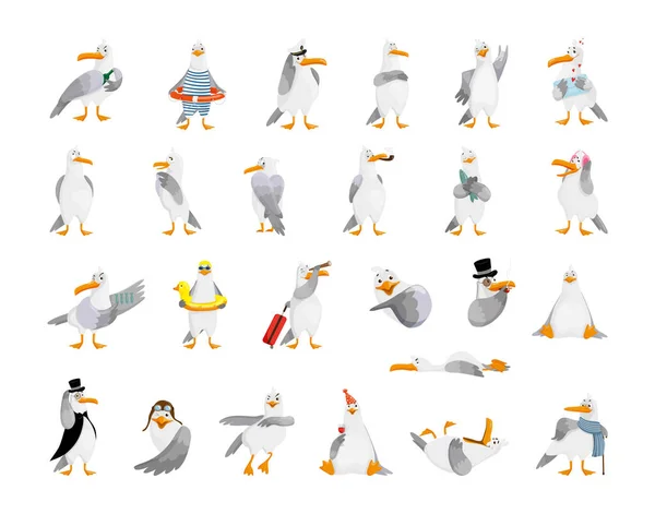 Çıkartmalar, baskılar, emojiler yaratmak için karikatür martıları koleksiyonu.