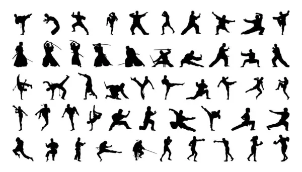 Colección Siluetas Artes Marciales Iconos Vectoriales Negros Personas Dedicadas Las — Vector de stock