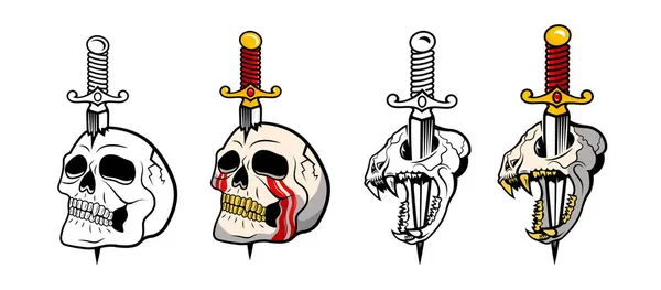 Ilustración Vectorial Espeluznantes Humanos Cráneos Animales Con Cuchillos Espadas Esqueletos — Vector de stock
