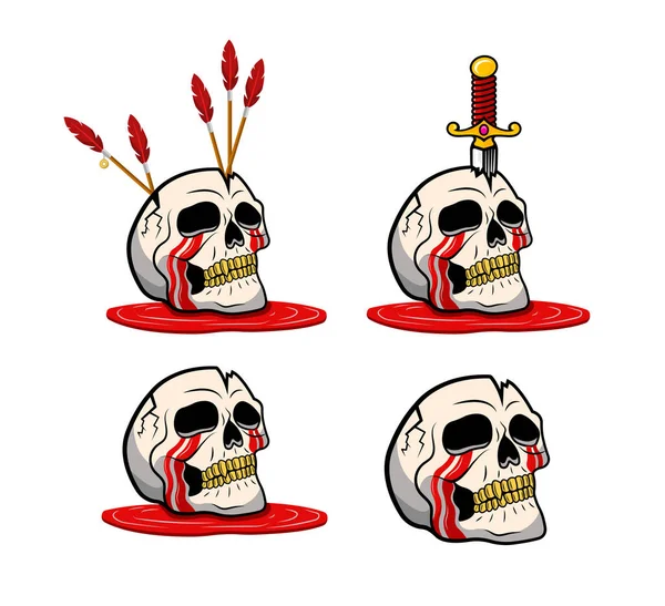 Векторные Иллюстрации Жутких Человеческих Черепов Мечами Стрелами Скелеты Кровавыми Слезами — стоковый вектор