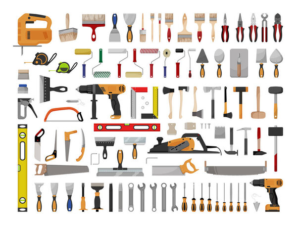 Комплект строительных инструментов. Электрические и ручные инструменты для ремонта.