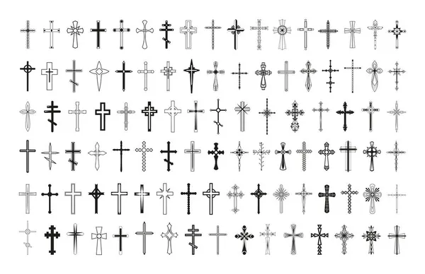 Collection Croix Monochromes Dans Style Linéaire — Image vectorielle