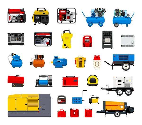Sammlung Von Entwendeten Baumaschinen Set Von Generatoren Und Kompressoren — Stockvektor
