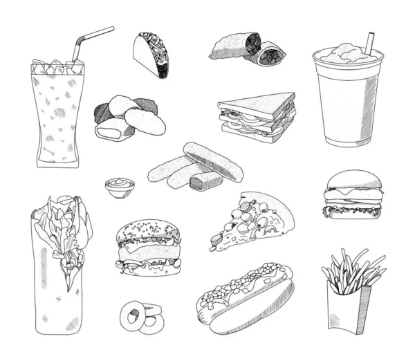 Coleção Ilustrações Monocromáticas Fast Food Estilo Esboço Desenhos Mão Estilo — Vetor de Stock