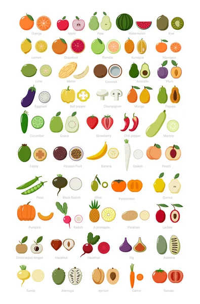 Ensemble Coloré Fruits Légumes Entiers Coupés Dans Style Plat — Image vectorielle