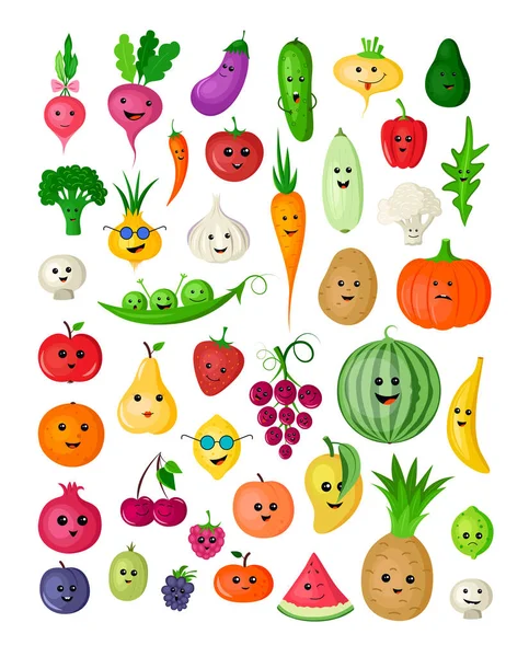 Collection Funny Cartoon Colorful Fruits Berries Vegetables Vector Illustrations Children — Stock Vector