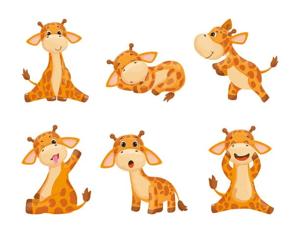 Sammlung Von Cartoon Illustrationen Mit Giraffen Die Verschiedene Aktionen Ausführen — Stockvektor