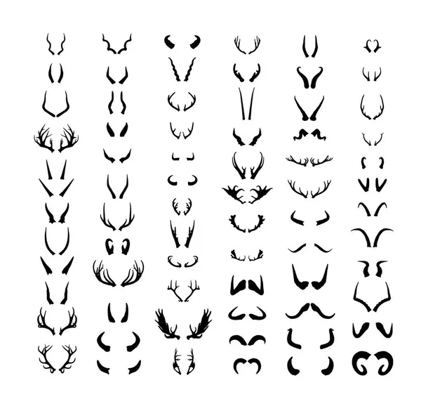 Set Horns Different Animals Black Silhouettes Horns Isolated White Background — Stock Vector