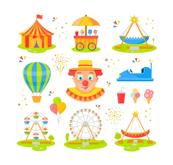 Conjunto Elementos Parque Atracciones Colección Atracciones Ilustraciones Vectoriales Para Niños — Archivo Imágenes Vectoriales