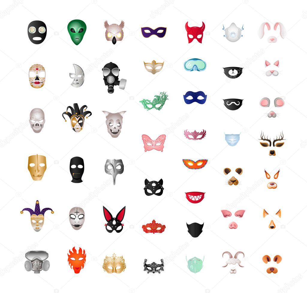 Collection of vector masks for web applications. Horrible, fantasy, comical, carnival masks.