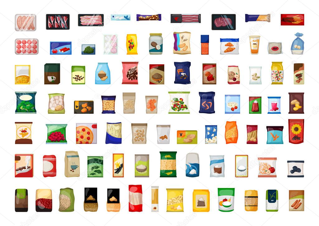 A collection of food packaging in a detailed style.