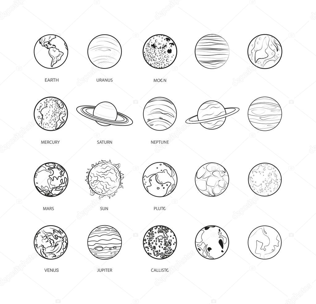 Collection of linear planets. Sketch style icons.