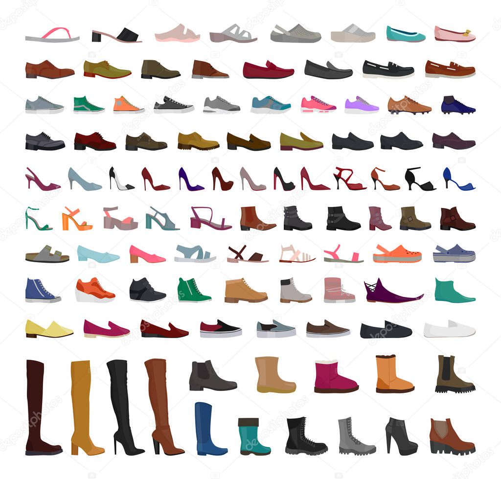 Vector collection of womens and mens shoes.