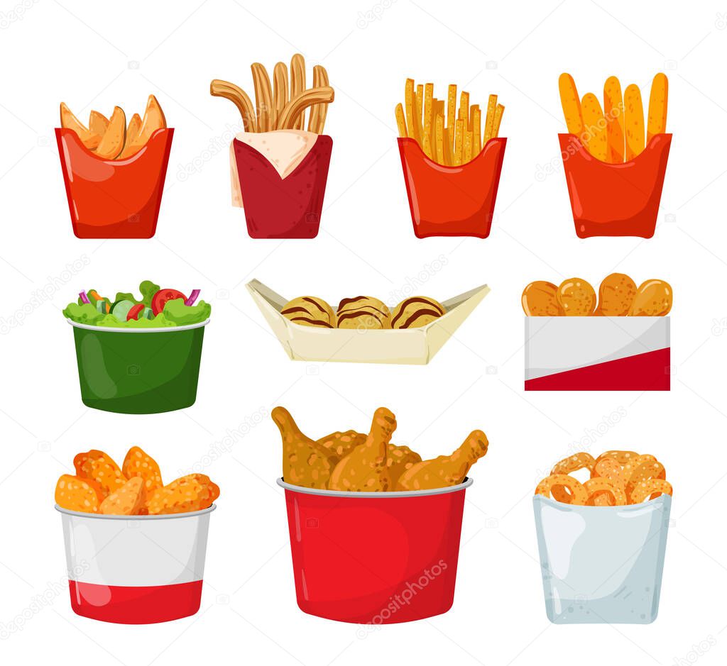 A set of fried fast food in a detailed style.