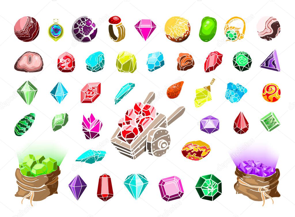 Vector collection of beautiful jewelry and fantasy stones. Illustrations of wealth for computer games.